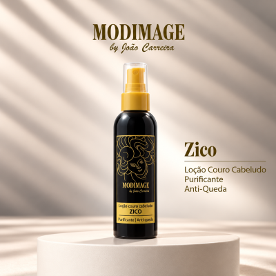 Frasco preto com tampa amarela e válvula spray de loção para couro cabeludo Zico da marca Modimage em fundo claro