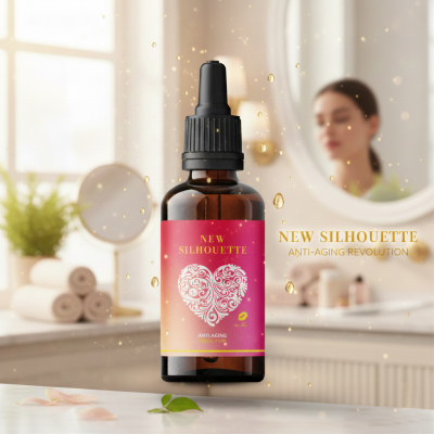 Frasco de sérum anti-envelhecimento em vidro âmbar com tampa conta-gotas e rótulo rosa e amarelo com coração branco