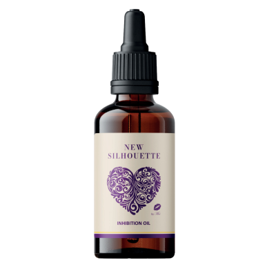 Frasco âmbar com conta-gotas e rótulo com coração roxo e texto New Silhouette