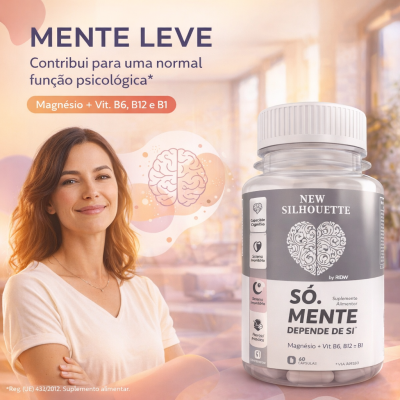 frasco de suplemento alimentar transparente com rótulo cinza e branco e mulher ao fundo