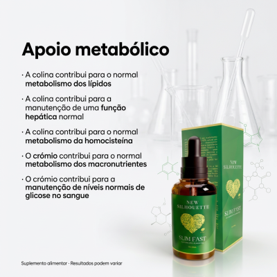 frasco de suplemento alimentar Slim Fast verde com coração dourado e caixa verde ao lado com texto de apoio metabólico