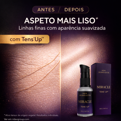Frasco e embalagem de produto Miracle TensUp com antes e depois de pele mais lisa