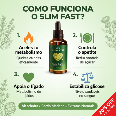 Frasco do suplemento Slim Fast com explicação de funcionamento e desconto em fundo verde claro