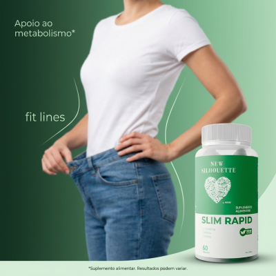 Mulher a mostrar jeans largos ao lado de frasco verde e branco do suplemento Slim Rapid