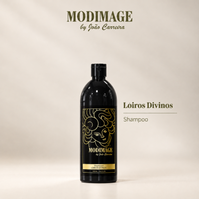 Frasco preto de shampoo Modimage Loiros Divinos com rótulo dourado