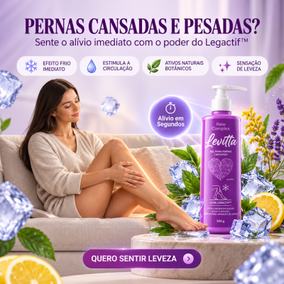 Gel para pernas cansadas Levitta em embalagem roxa com mulher sentada acariciando a perna e elementos naturais como gelo, folhas e limão.