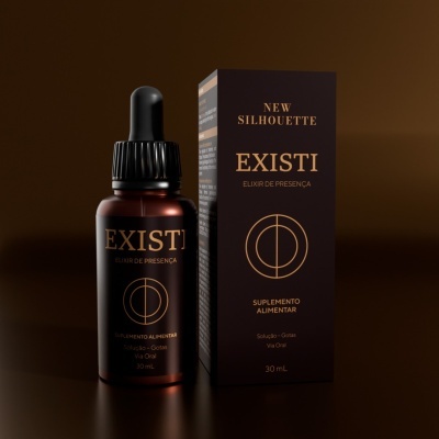 Frasco e caixa pretos com texto dourado de suplemento alimentar Existí