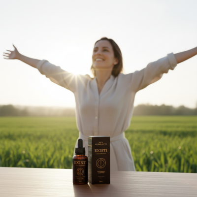 Frasco e caixa de suplemento floral EXISTI em mesa de madeira com mulher ao fundo em campo verde