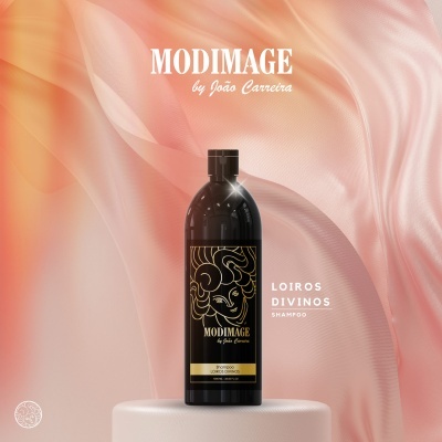Frasco de shampoo MODIMAGE by João Carreira LOIROS DIVINOS preto com rótulo dourado