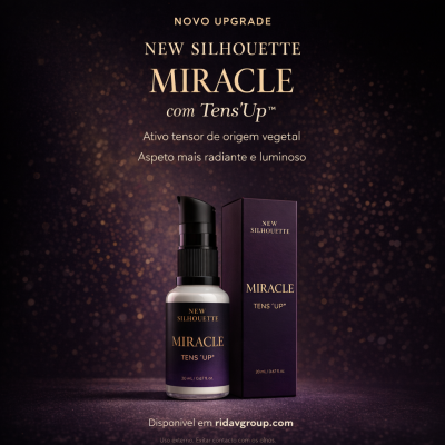 Frasco pump e caixa do produto New Silhouette Miracle Tens Up em fundo escuro com brilhos.