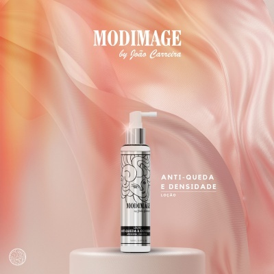 Frasco branco e preto de loção anti-queda e densidade MODIMAGE