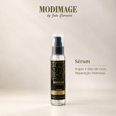 Frasco de sérum cosmético transparente com rótulo preto e ilustração dourada