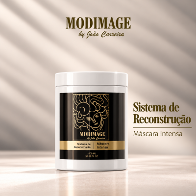 Recipiente branco com rótulo preto e dourado de máscara intensa para reconstrução capilar MODIMAGE