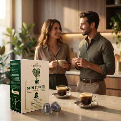Caixa de cápsulas de café Slim Coffee e cápsulas na bancada de cozinha com casal ao fundo
