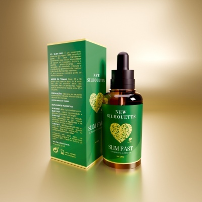 frasco e embalagem do suplemento SLIM FAST NEW SILHOUETTE em verde e dourado