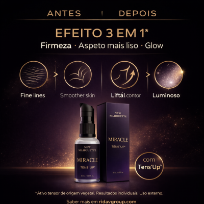 Frasco e caixa de creme facial New Silhouette Miracle TensUp com texto sobre efeito 3 em 1 e benefícios de pele lisa e luminosa