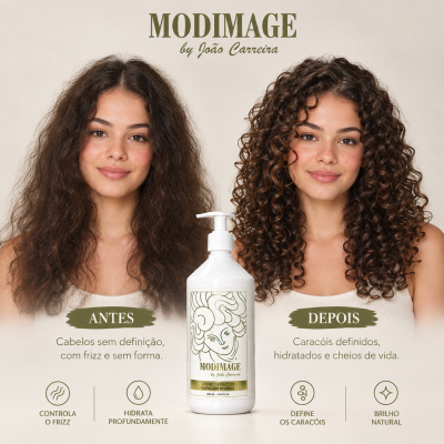Antes e depois de mulher com cabelo castanho cabelo sem definição e com caracóis, produto creme definidor Modimage em frasco branco com tampa de bomba