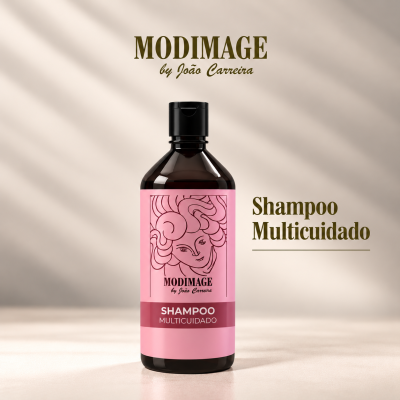 Frasco de shampoo multicuidado MODIMAGE com rótulo rosa e desenho de rosto estilizado