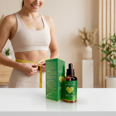 Frasco e caixa do produto em verde com mulher a medir a cintura com fita métrica amarela