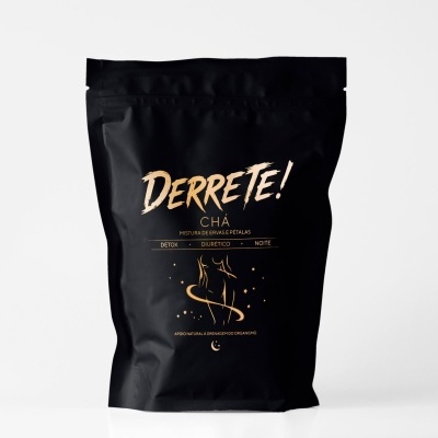 Embalagem preta de chá DERRETE! com texto dourado e ilustração abstrata dourada