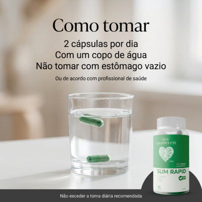 Frasco de suplemento SLIM RAPID com copo de água e cápsulas verdes