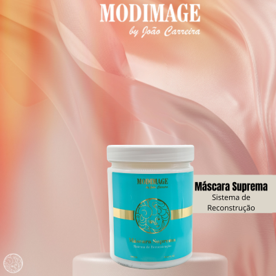 Frasco branco com produto cosmético Máscara Suprema de cor azul turquesa e dourado