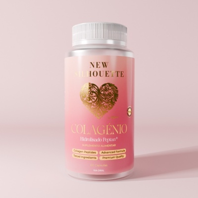 Frasco de suplemento alimentar de colagénio com etiqueta rosa e detalhes dourados