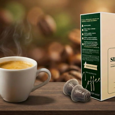 Chávena branca com café quente e caixa de cápsulas de café Slim Coffee numa superfície em madeira