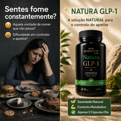Frasco de suplemento Natura GLP-1 ao lado de mulher triste e mesa com vários alimentos
