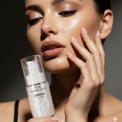 Frasco de creme CC OMNIA com tampa transparente e texto visível, segurado por mulher com maquilhagem e unhas naturais.