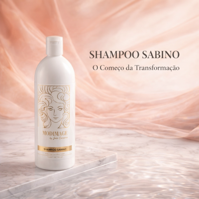 Frasco branco de shampoo Modimage sobre mármore com fundo azul