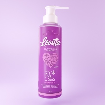 Frasco roxo com gel para pernas cansadas Levitta com tampa de bomba branca