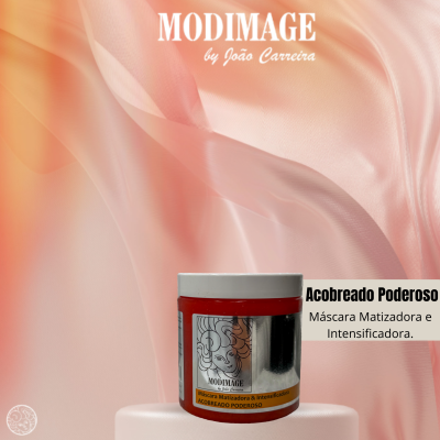 Frasco vermelho com tampa prateada da máscara capilar Acobreado Poderoso da MODIMAGE