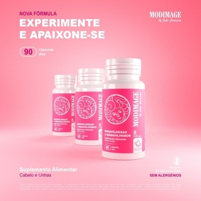 Frascos de suplemento alimentar Modimage rosa para cabelo e unhas com texto em fundo rosa