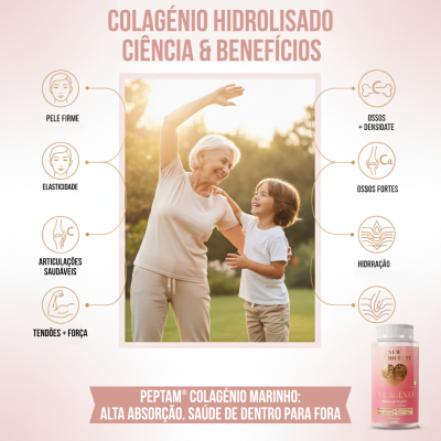 Imagem promocional sobre colagénio hidrolisado com benefícios e foto de senhora idosa e criança no parque, frasco do produto rosa