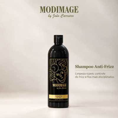 Frasco preto de shampoo Modimage Anti-Frizz com etiqueta dourada e desenho estilizado