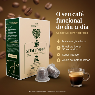 Pacote de café Slim Coffee, cápsulas e uma chávena de café espresso