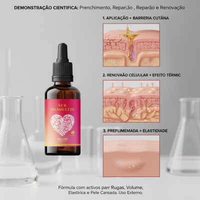 Frasco de vidro âmbar com conta-gotas e rótulo rosa anti-envelhecimento em bancada de laboratório com frascos de vidro.
