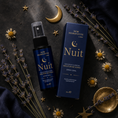 Spray oral Nuit indutor de sono em embalagem azul com decoração de flores e lua dourada