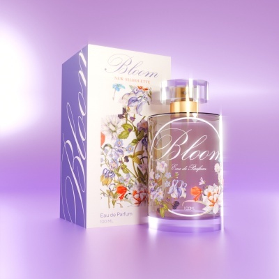 Frasco de perfume Bloom com caixa decorada num fundo lilás