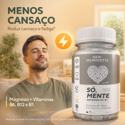 Frasco de suplemento alimentar New Silhouette com texto promocional em português e homem relaxado ao fundo