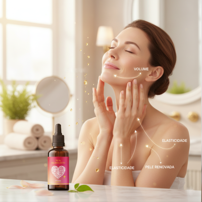 Frasco de vidro âmbar com conta-gotas e rótulo cor-de-rosa New Silhouette numa mesa com mulher a cuidar da pele ao fundo
