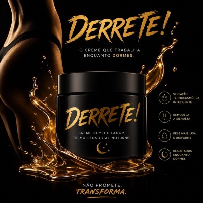 Frasco preto de creme com texto DERRETE! e silhueta feminina ao fundo