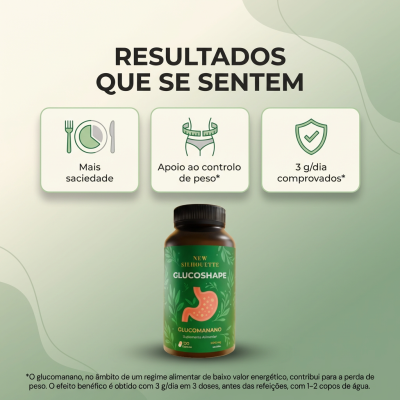 frasco de suplemento alimentar GlucoShape Glucomanano em fundo verde claro