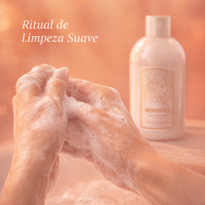 Mãos com espuma de sabão e embalagem MODIMAGE ao fundo