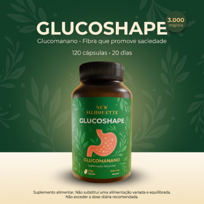 Frasco verde de suplemento GLUCOSHAPE com rótulo mostrando estômago e folhas