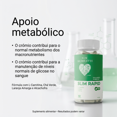 Frasco de suplemento Slim Rapid com rótulo verde e branco em fundo branco