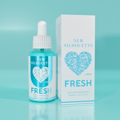 Frasco azul de óleo de massagem Fresh com conta-gotas e embalagem branca com texto azul