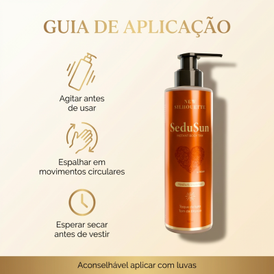 Frasco de SeduSun Instant Body Tan laranja com tampa preta e texto de instruções em português