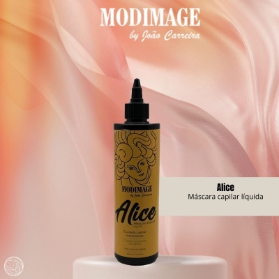 Máscara capilar líquida Alice MODIMAGE frasco preto e amarelo com tampa aplicadora